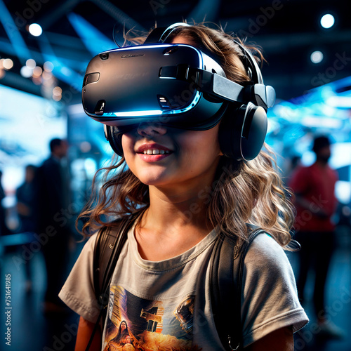 portrait of a young girl using virtual reality headset at exhibition show