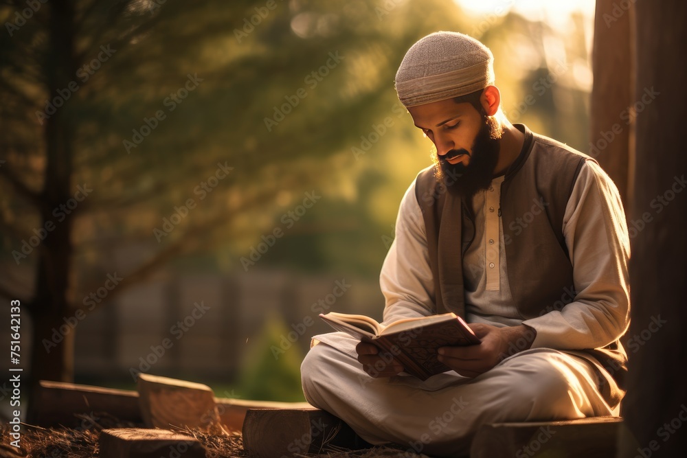 Obraz premium Muslim Man Is Reading The Quran, A Muslim guy is seen reading the Quran, Ai generated
