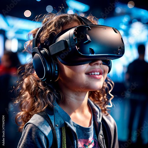 portrait of a young girl using virtual reality headset at exhibition show