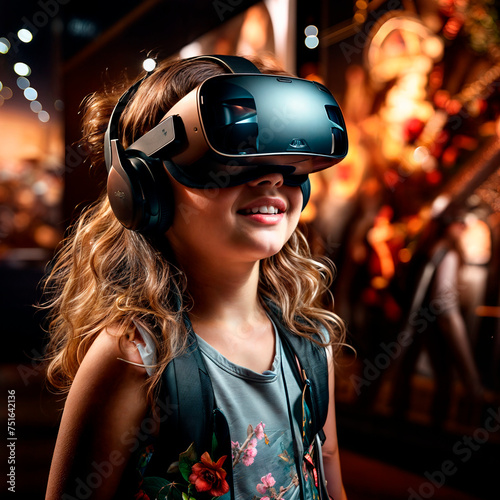 portrait of a young girl using virtual reality headset at exhibition show