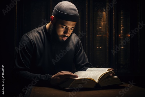 Religious Muslim man praying inside the mosque and reading holy book Quran, A Muslim guy is seen reading the Quran, Ai generated