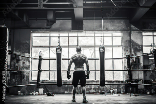 Strength and Power: An Athletic Caucasian Man Training in an Indoor Gym with Kickboxing Equipment on a Dark Background