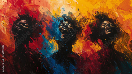 Three women were shouting to vent their anger. Wrapped around them are the colors of red, blue, and yellow and fire-like passion. Concepts of feminism, female affirmative action. 