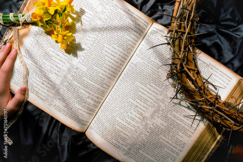 Overhead view of Family Bible with human hand 