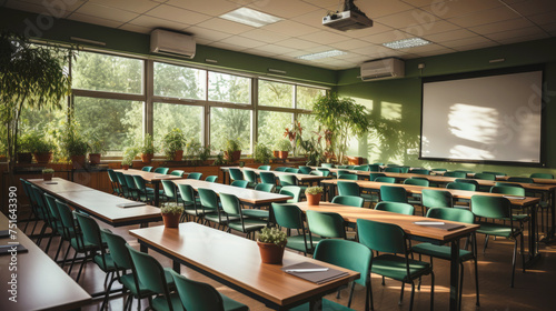 Modern large classroom, auditorium with empty desks and chairs, at university, school. 