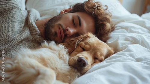 Serene Sleep with a Golden Cocker Spaniel, young man and his golden cocker spaniel dog peacefully asleep together in a cozy, white bed, showcasing the bond between humans and pets #751643589