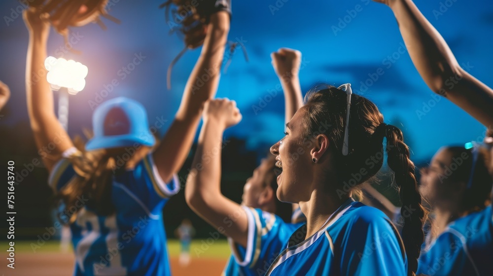 Naklejka premium Closeup photo of a softball players celebrating a victory in the evening with fans in the background