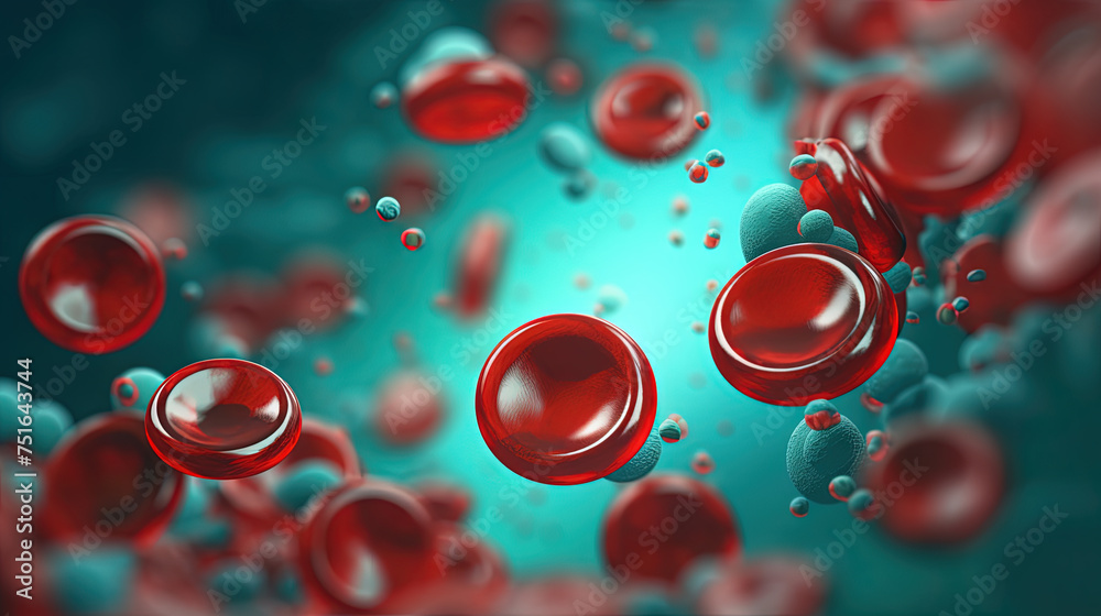 Red blood cells flowing on green background in scientific abstraction. Health and medicine concept.