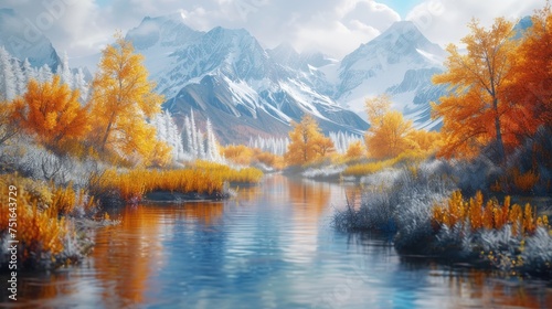 Autumn Serenity at Mountain Lake, tranquil lake reflects vibrant autumn colors amidst snow-dusted mountains, capturing the peaceful transition of seasons in a stunning 3D rendering