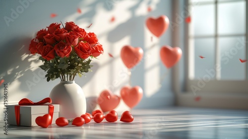 Valentine's Day Romance, serene setting with a vase of vibrant red roses and heart-shaped balloons casting gentle shadows on the floor, accompanied by an elegantly wrapped gift box
