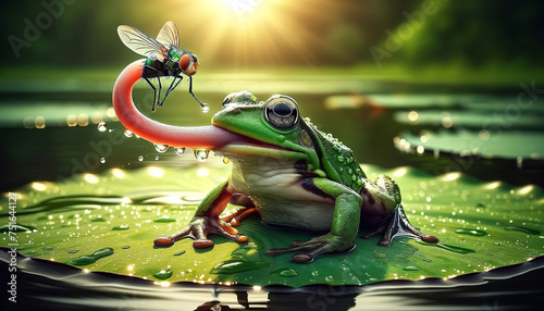 A frog is perched on a water lily leaf with a fly sitting on its elongated tongue, set against a backdrop of glistening water droplets and a warm sunlit pond. This is an AI-generated image. photo