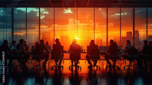 Sunset Strategy Meeting, diverse group of professionals engaged in a brainstorming session, silhouetted against a vibrant sunset through large windows of a modern office