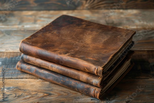 Stacked weathered leather-bound journals on a rustic wooden background, showcasing a rich patina and the allure of handwritten memories.