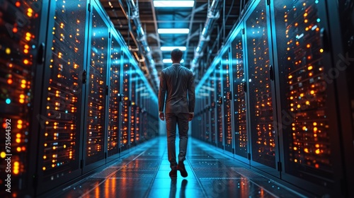 IT Professional in Data Center, Rear view of a man in a suit walking through a data center with illuminated server racks, conveying themes of technology, management, and infrastructure
