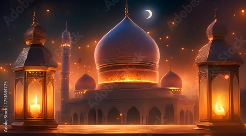 Ornamental Arabic lantern with burning candle glowing at night mosque background photo