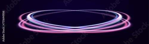 Abstract 3d illustration neon background. luminous swirling. Set of neon glowing circles. Glowing rings on dark background. Vector illustration. Swirl glow magic line trail. Light effect motion.