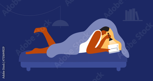 Girl lying under blanket holding flashlight reading book. Teen reads books in bedroom. Young woman hiding in bed with literature story. Night time before sleep vector illustration. Leisure bedtime