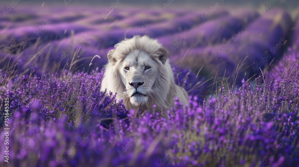 Fototapeta premium Lavender field and white lion with jungle wind effect.