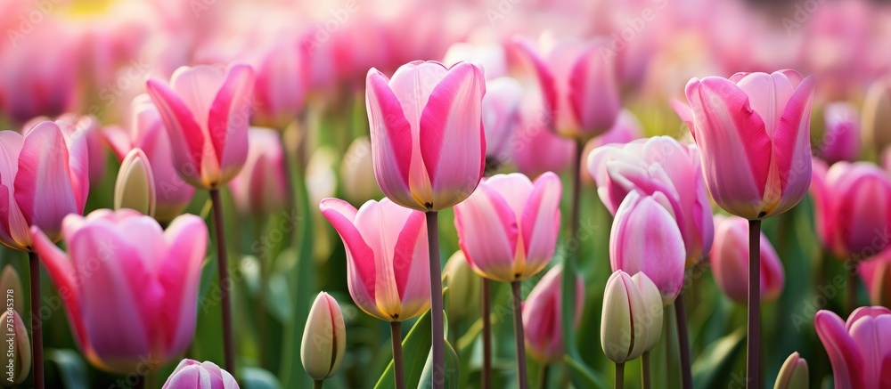 A field of vibrant pink tulip flowers with green stems stretches out under the sunlight. The blossoms are in full bloom, creating a beautiful and colorful scene in the landscape.