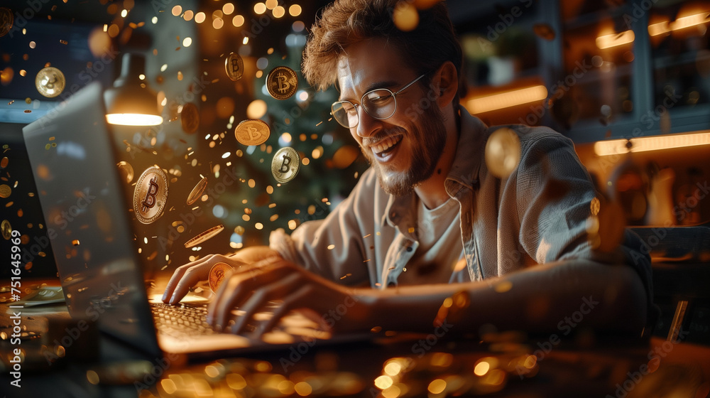 Naklejka premium Man laughing, typing, Bitcoin tokens falling around. Concept of crypto mining 