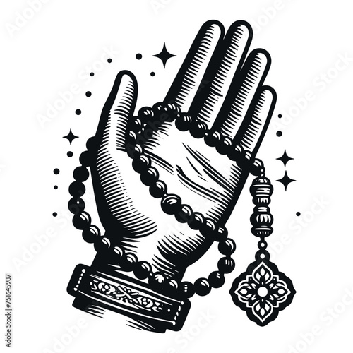 Male hand with Muslim rosary for prayer. Vintage black engraving illustration. Monochrome black and white vector icon. Isolated and cut out