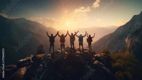 back view group of people spending time together in the mountains and excited making a winner gesture with arms raised over with warm Sunset Light © inthasone