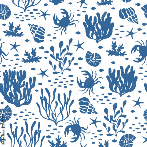 Coral reef drawn seamless pattern. Ocean corals seamless pattern.