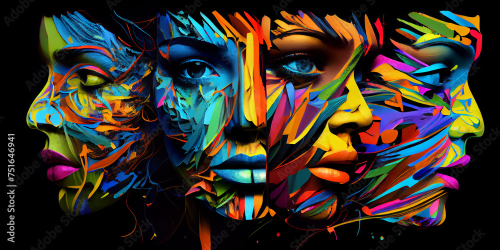 An abstract collage of faces made from splashes of colored acrylic or oil paints. An abstract collage of faces made from splashes of colored acrylic or oil paints.