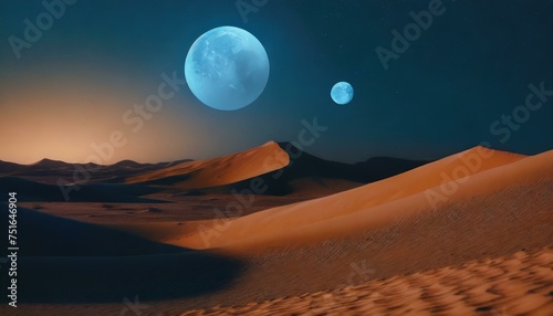 Imaginary planet landscape. Sand desert with gigantic dunes and mountains, two moons in the sky.