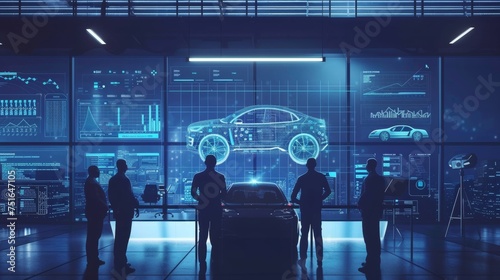A group of automotive engineers discussing on the computer graphics of high-tech electric car model prototype. Using futuristic hologram screen with augmented reality
