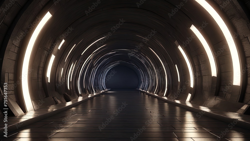 Fototapeta premium A futuristic tunnel with illuminated arches, perfect for sci-fi and technology themes. High-quality 3D render, ideal for virtual backgrounds or wallpapers