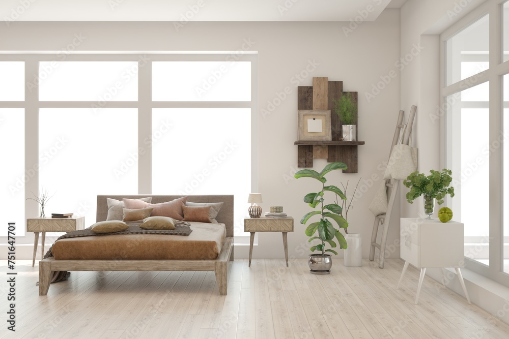Fototapeta premium White bedroom concept. Scandinavian interior design. 3D illustration