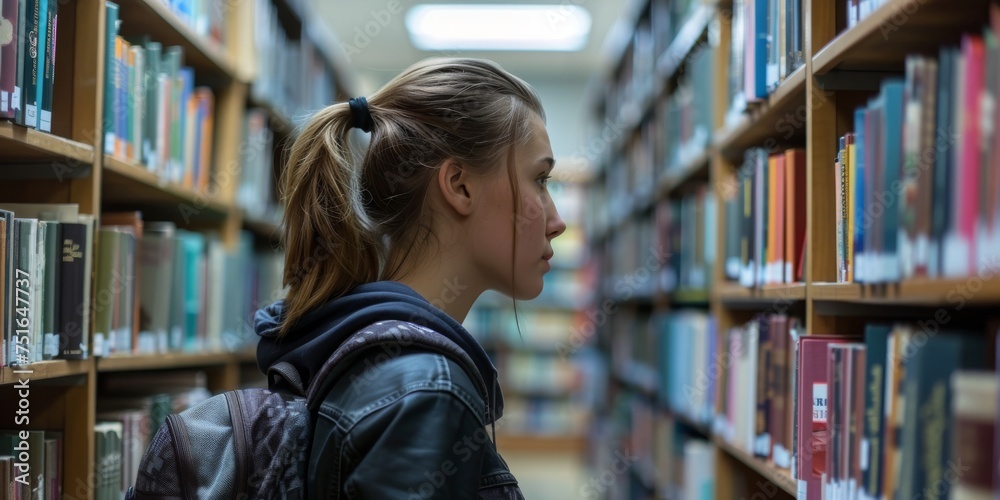Young woman browsing books in a library, surrounded by shelves filled with colorful books - a scene of learning and discovery.
Young woman browsing books in a library, surrounded by shelves filled with colorful books - a scene of learning and discovery.
