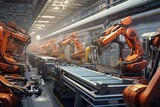 Robot assembly line in a futuristic factory, High-tech industrial factory, modern machinery, robotic automation, mechanical assembly, Ai generated