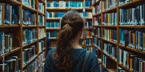 Rear view of a woman contemplating rows of bookshelves in a library, symbolizing search for knowledge and education.