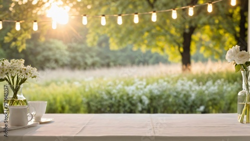 The background is a wooden table covered with white cloth in a blurry flower garden decorated with lights above