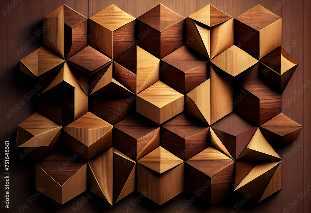 Wooden background, pattern of wooden blocks segments, wall decor. Generative AI.