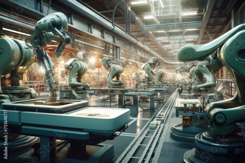 Robot assembly line in a futuristic factory. Futuristic Efficient smart Automation robot revolution production replace human AI-power, Ai generated © Tanu