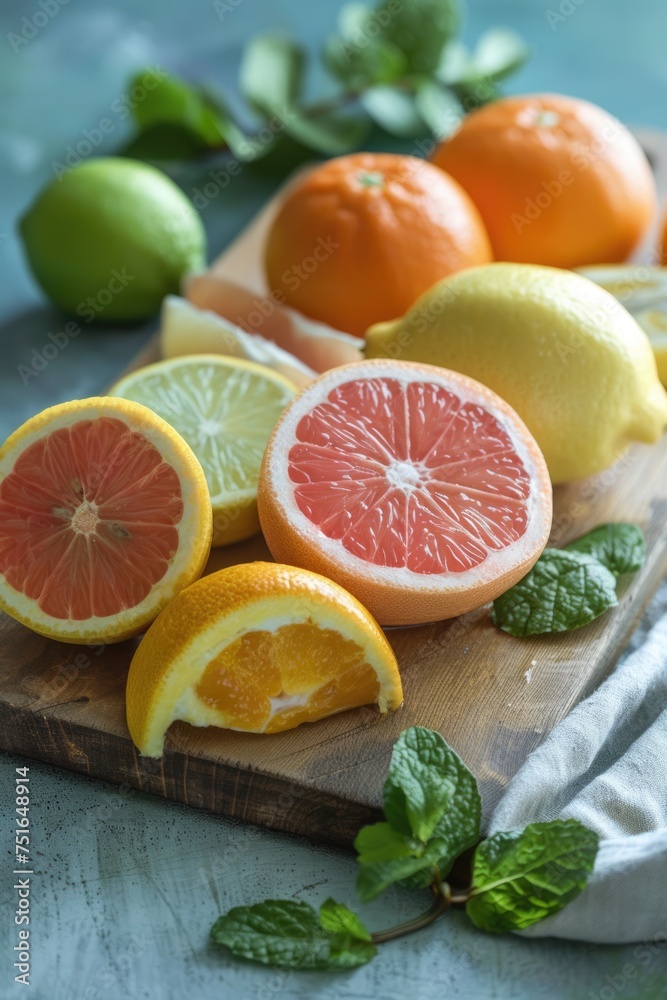 Various citrus fruits on high-key wooden board background.