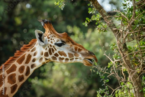 A giraffe reaching up to nibble leaves from a tall tree, its long neck and unique pattern standing out in the savannah 