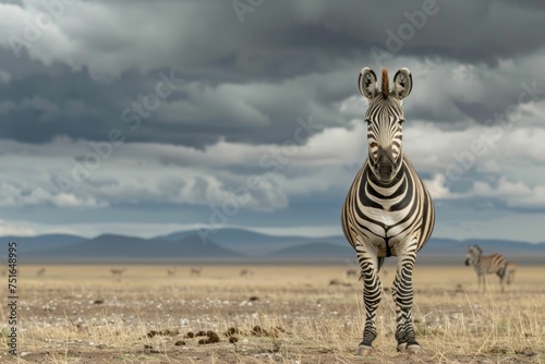 A Grevy's zebra standing alone on a vast African plain, under a dramatic sky, emphasizing its unique stripe pattern  © Andrei