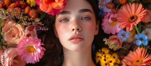 Beautiful woman adorned with colorful flowers in her hair, embracing nature and femininity