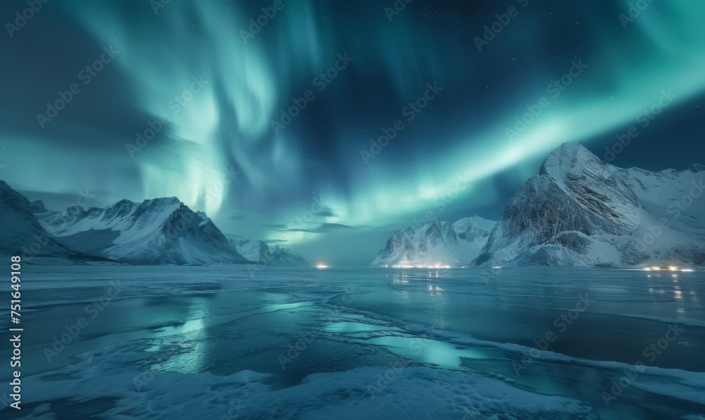 Aurora Borealis, Lofoten islands, Mountains and the frozen ocean. Aurora Borealis, Lofoten islands, Mountains and the frozen ocean.