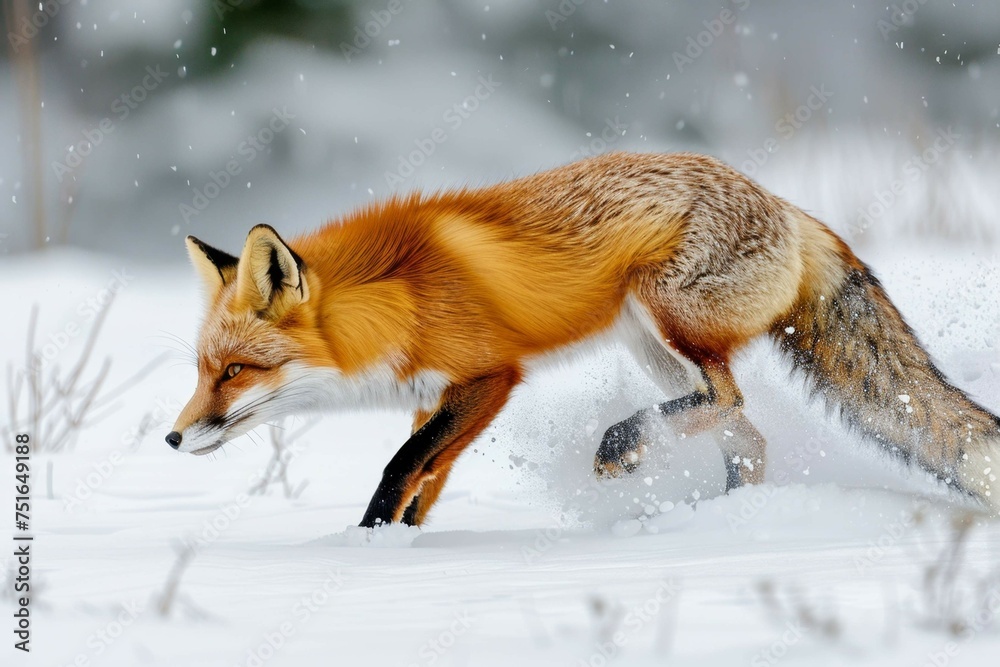 A red fox pouncing on unseen prey beneath the snow, its fiery coat stark against the winter white 