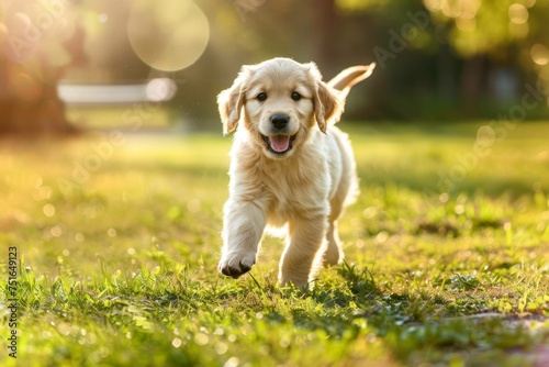 A playful golden retriever puppy frolicking in a sunny park, with its fur glowing in the sunlight 