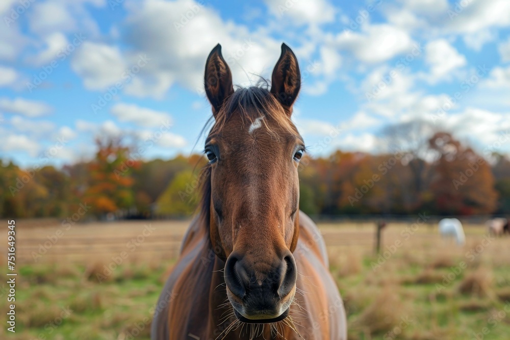 The expressive face of a horse, captured in a moment of alertness or curiosity, with its ears perked and eyes wide, set against the farm's daily life backdrop --style raw The expressive face of a horse, captured in a moment of alertness or curiosity, with its ears perked and eyes wide, set against the farm's daily life backdrop --style raw