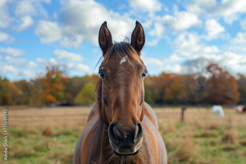 The expressive face of a horse, captured in a moment of alertness or curiosity, with its ears perked and eyes wide, set against the farm's daily life backdrop --style raw