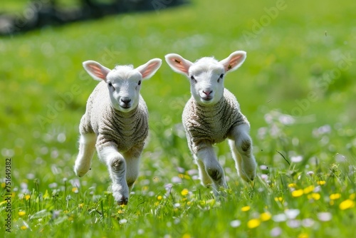 Two fluffy lambs frolicking in a lush green field, their playful actions embodying the joy and innocence of young farm animals --style raw photo