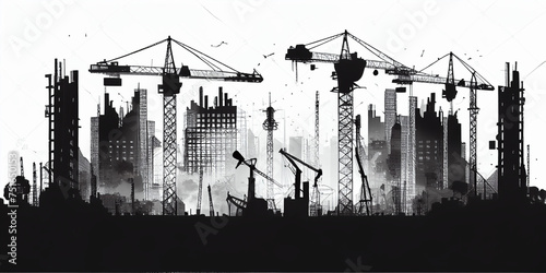 Black and white illustration, construction site silhouette with houses and construction cranes. AI generated.