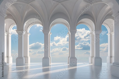 a white room with arches and a blue sky
